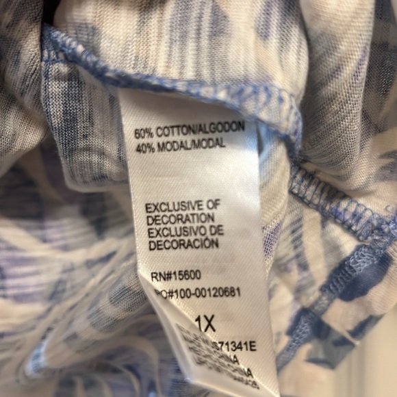 Democracy Airy Blue Elbow Blouson Sleeve Scoop Neck Leaf Print Knit Top - Picture 8 of 12